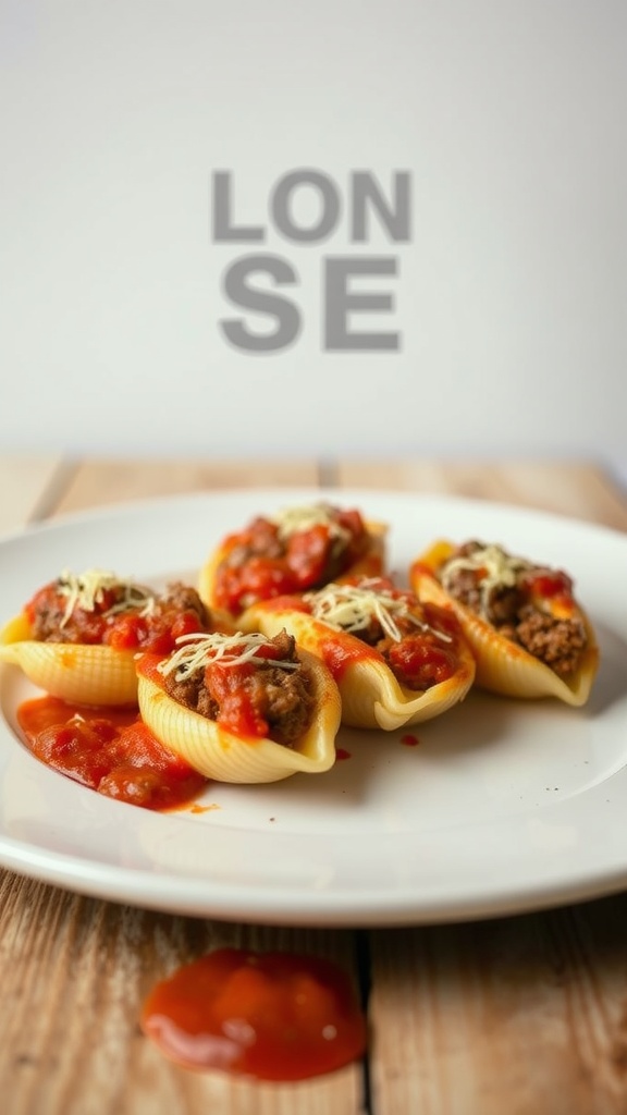 Delicious beef and cheese stuffed pasta shells topped with marinara sauce.