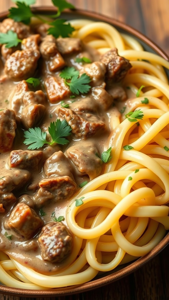 Delicious beef stroganoff served over egg noodles, garnished with fresh parsley.