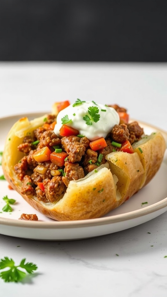 A plate of beefy stuffed potatoes topped with sour cream and garnished with herbs.