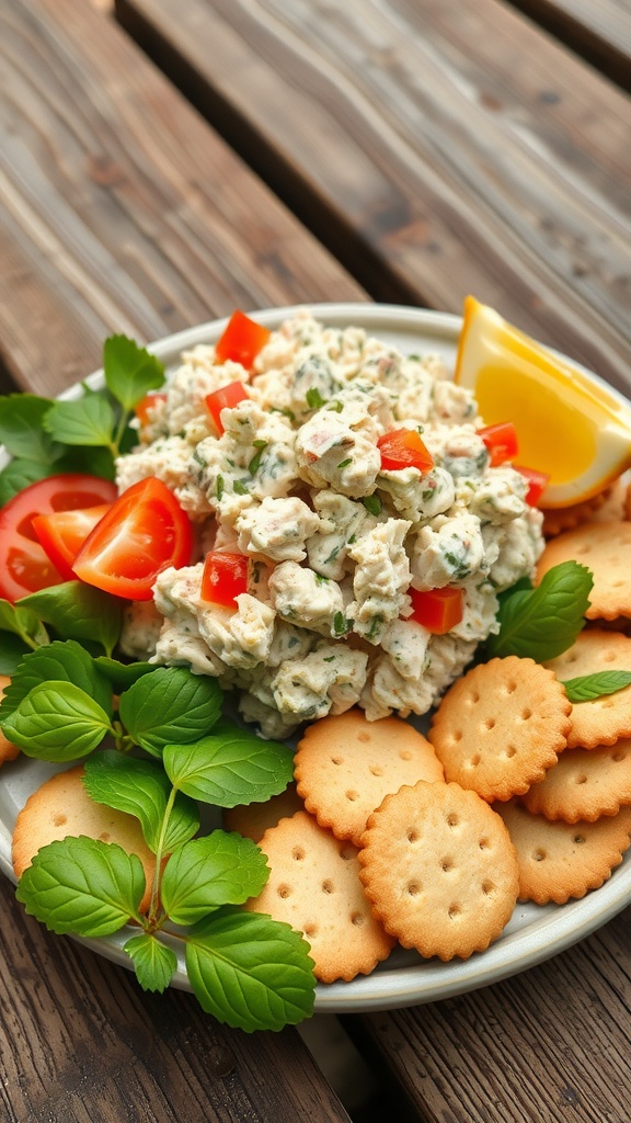 A plate of tuna salad served with crackers and garnished with fresh vegetables.