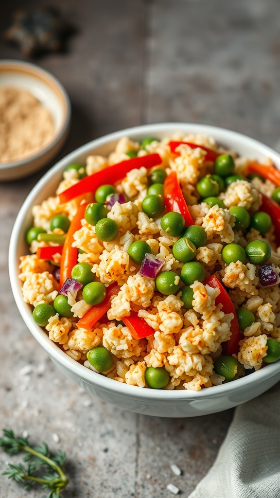A bowl of colorful cauliflower fried rice with edamame and bell peppers.