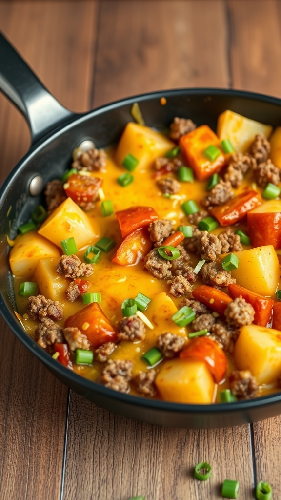A hearty cheesy beef and potato skillet dish