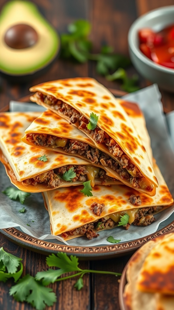 Cheesy beef quesadillas stacked on a plate garnished with cilantro.
