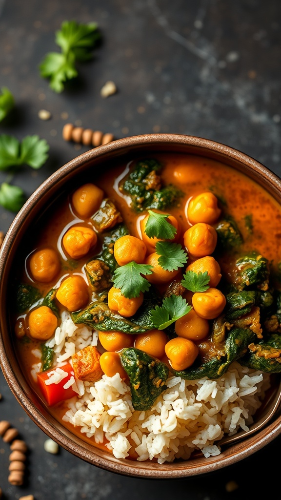 Chickpea and Spinach Curry served with rice in a bowl