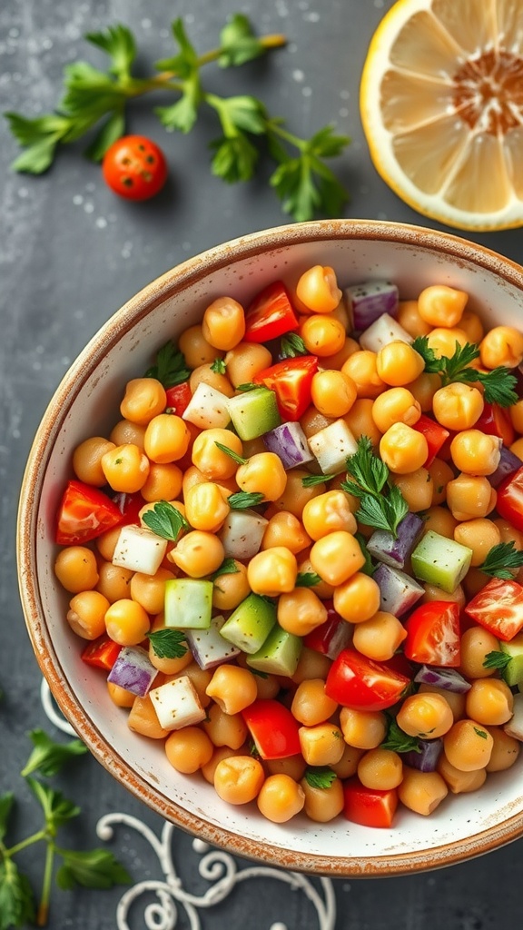 Chickpea salad with colorful vegetables and lemon dressing