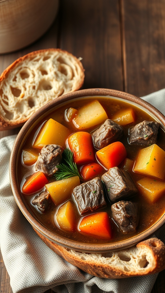 A comforting bowl of beef and potato stew with carrots and a slice of bread on the side.