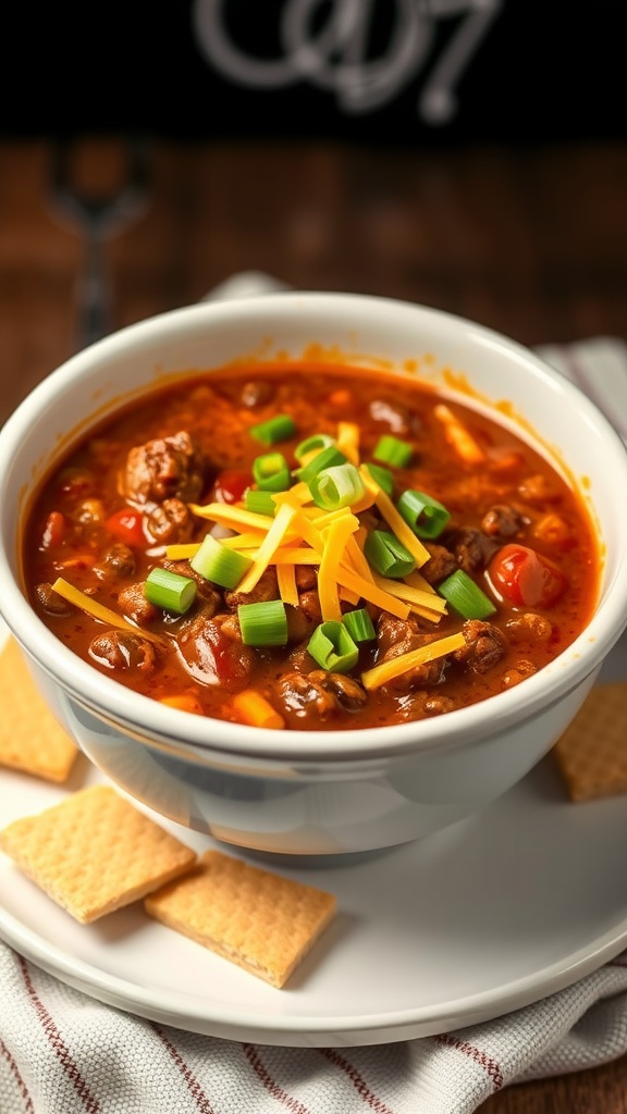 A bowl of classic beef chili with beans topped with cheese and green onions, served with crackers.