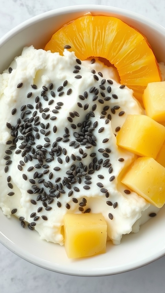 A bowl of cottage cheese topped with pineapple and seeds