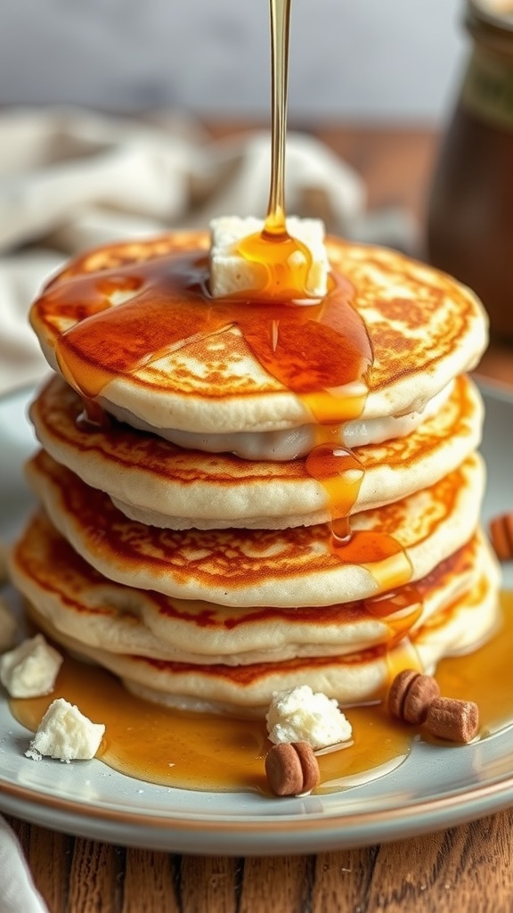 A stack of cottage cheese pancakes drizzled with syrup and topped with butter.