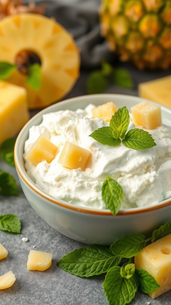 A bowl of cottage cheese topped with pineapple chunks and mint leaves.