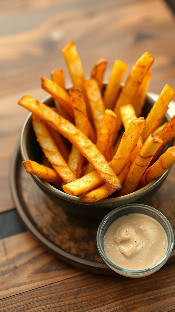 A bowl of crispy air fryer french fries served with a creamy dipping sauce.