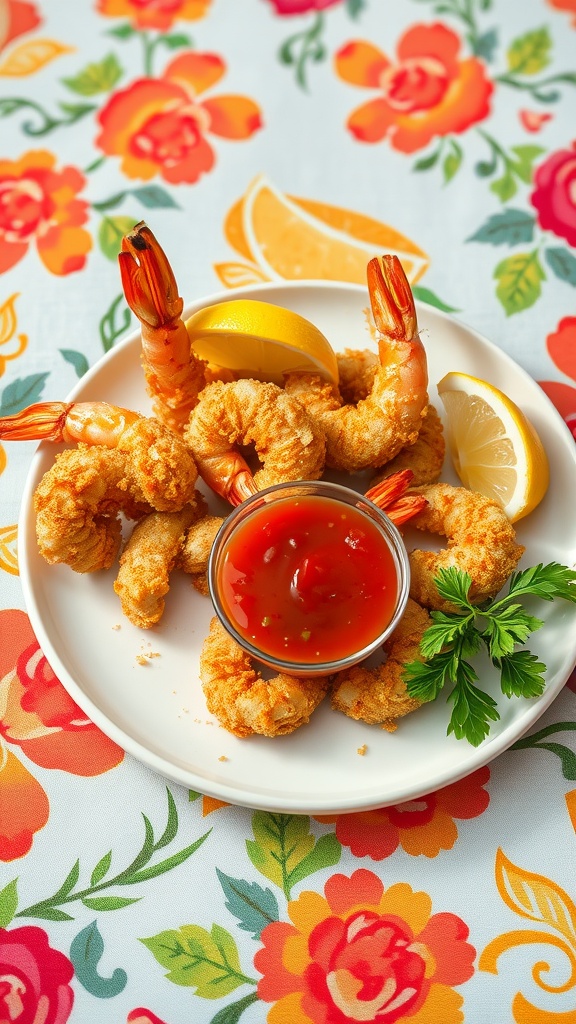 Crunchy air fryer breaded shrimp served with dipping sauce and lemon wedges