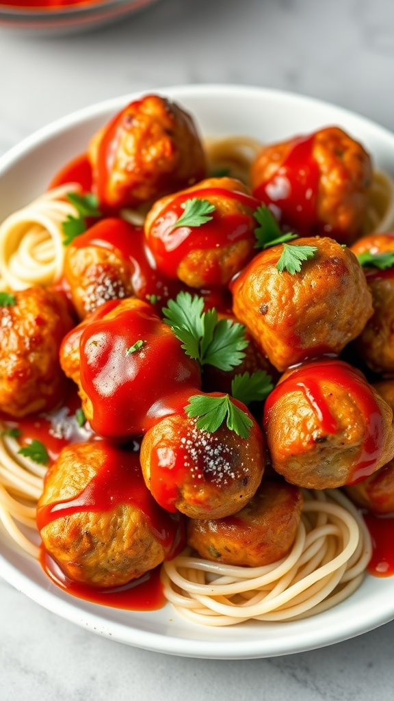 A plate of air fryer meatballs served with spaghetti and marinara sauce