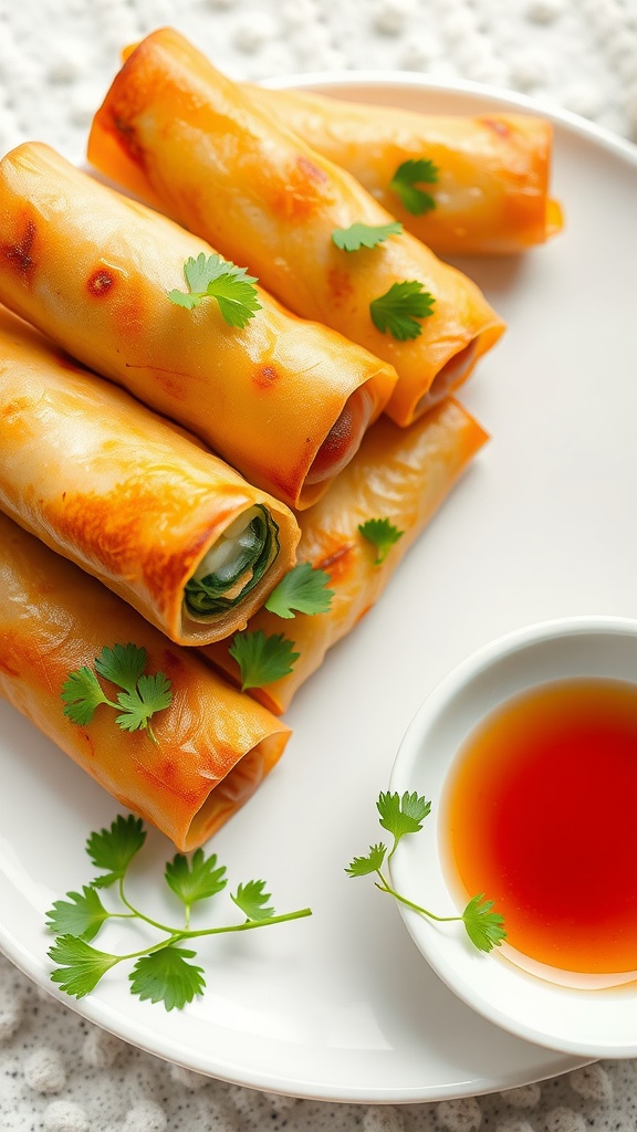 Crispy vegetable spring rolls on a plate with dipping sauce.