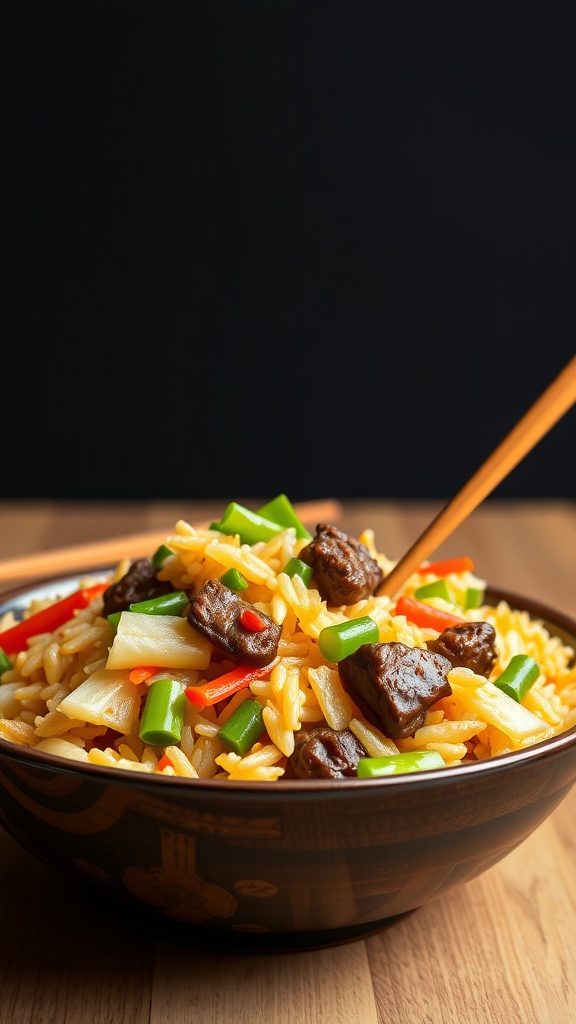 A bowl of colorful beef fried rice with vegetables
