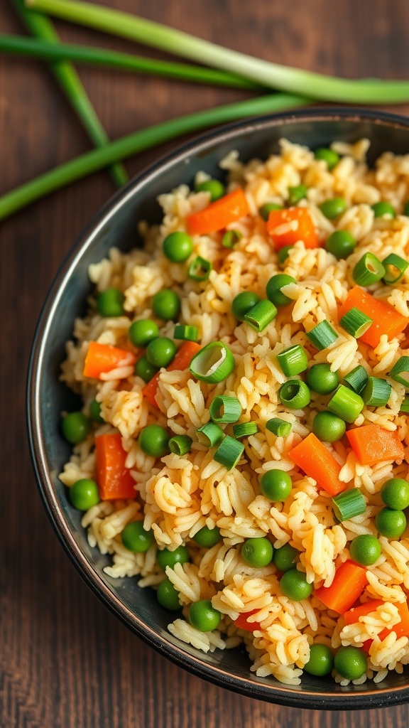 A bowl of egg fried rice with peas and carrots, garnished with green onions.