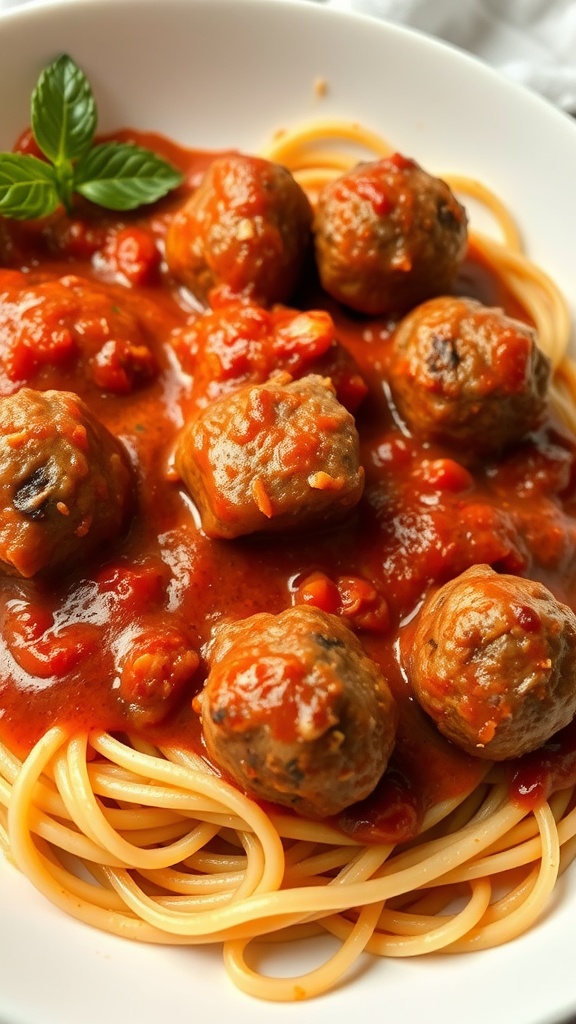 Delicious beef meatballs in marinara sauce served with spaghetti.