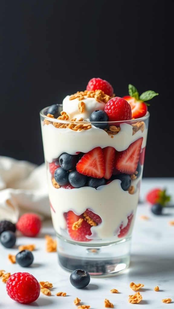 A delicious Greek yogurt parfait with layers of berries and granola.