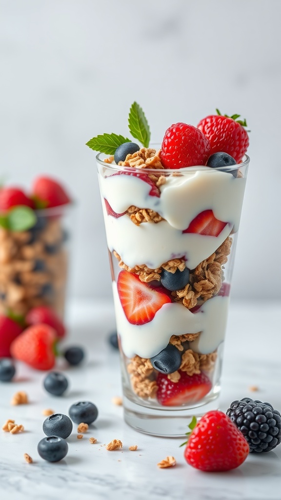 A delicious Greek yogurt parfait with layers of berries and granola.