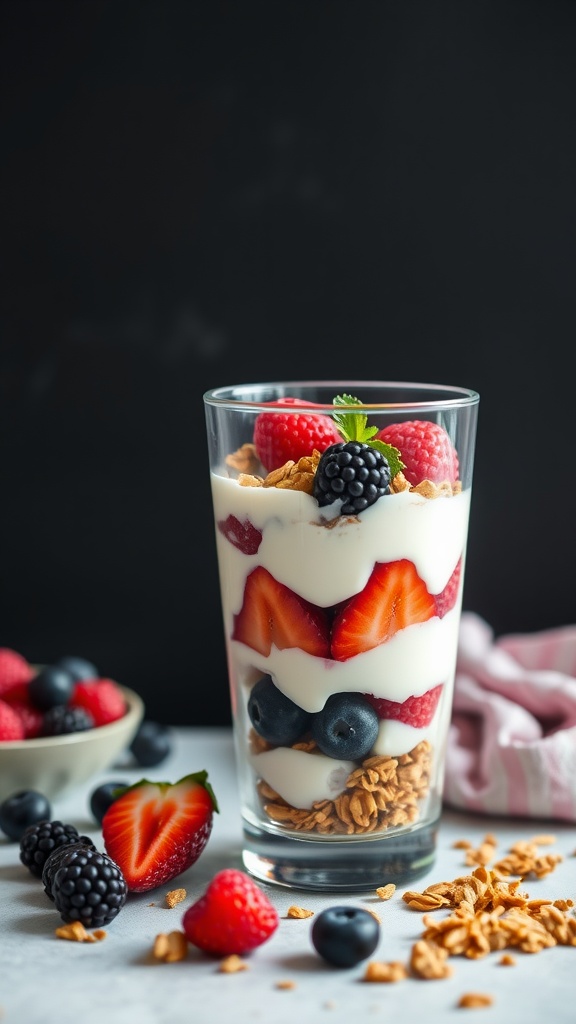 A delicious Greek yogurt parfait layered with fresh berries and granola in a glass.