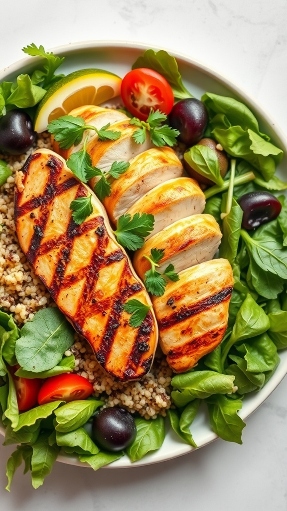 A healthy grilled chicken salad with quinoa, greens, cherry tomatoes, and olives.