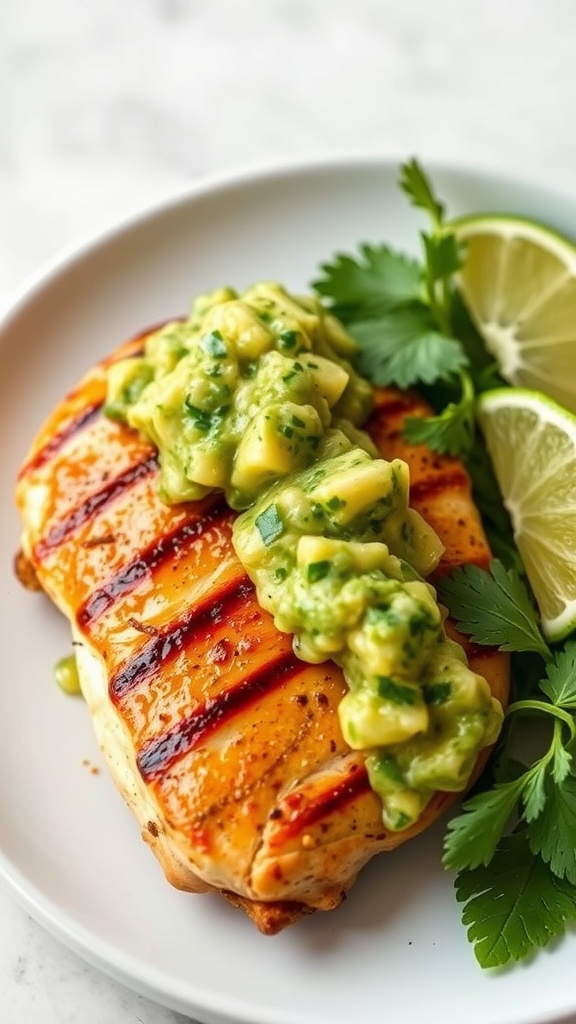 Grilled chicken topped with avocado salsa and garnished with lime and cilantro