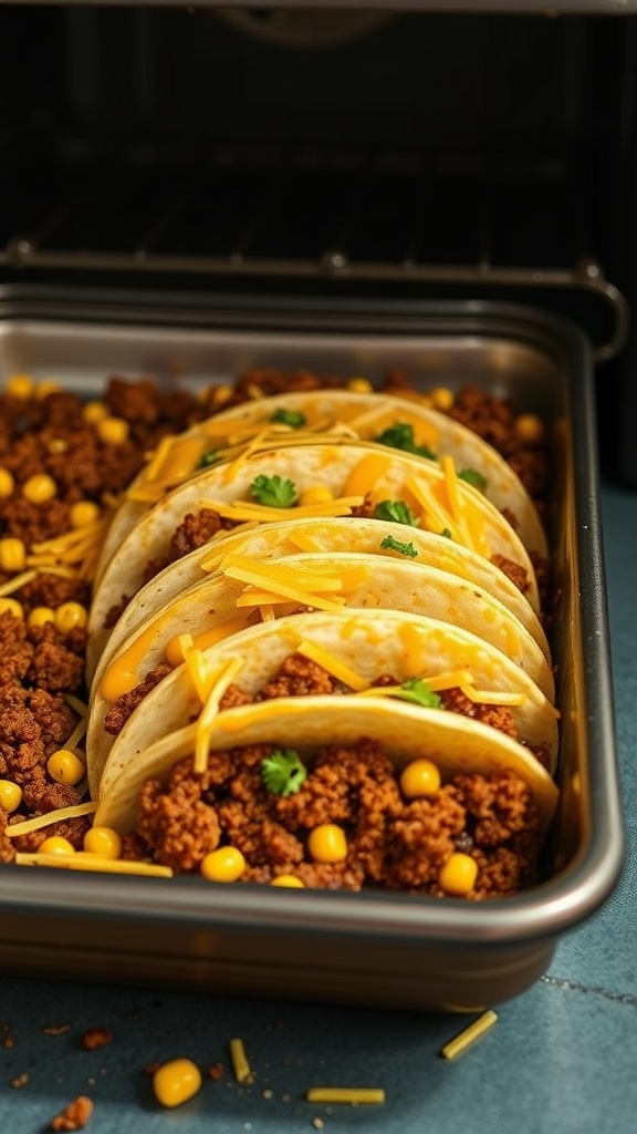 A delicious Ground Beef and Corn Taco Bake featuring taco shells filled with seasoned ground beef, corn, and melted cheese.