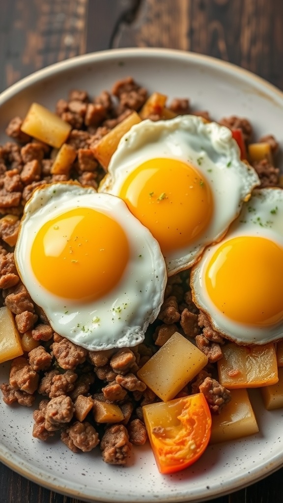 A delicious plate of ground beef and potato hash topped with fried eggs.