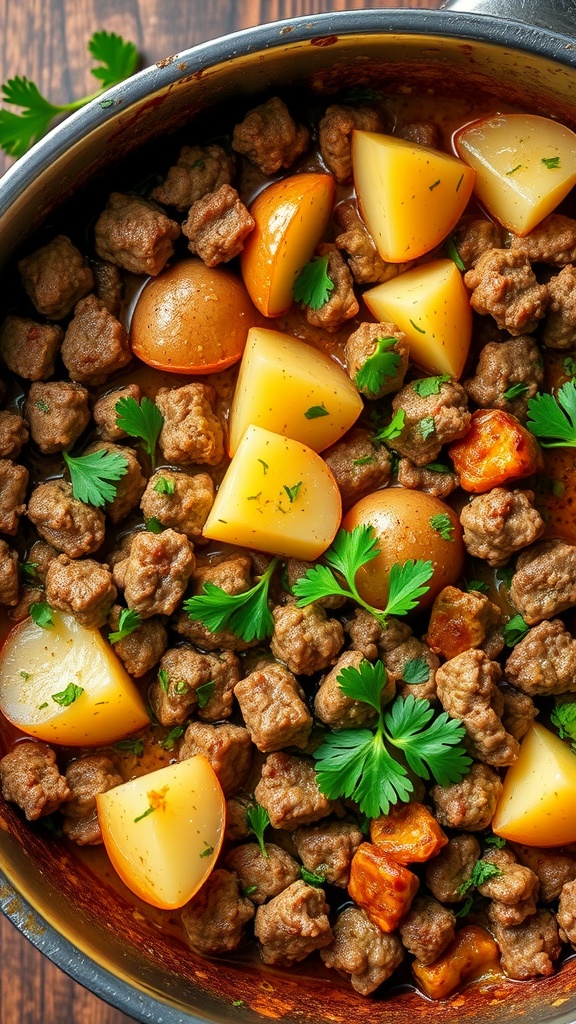 A skillet dish with ground beef and potatoes