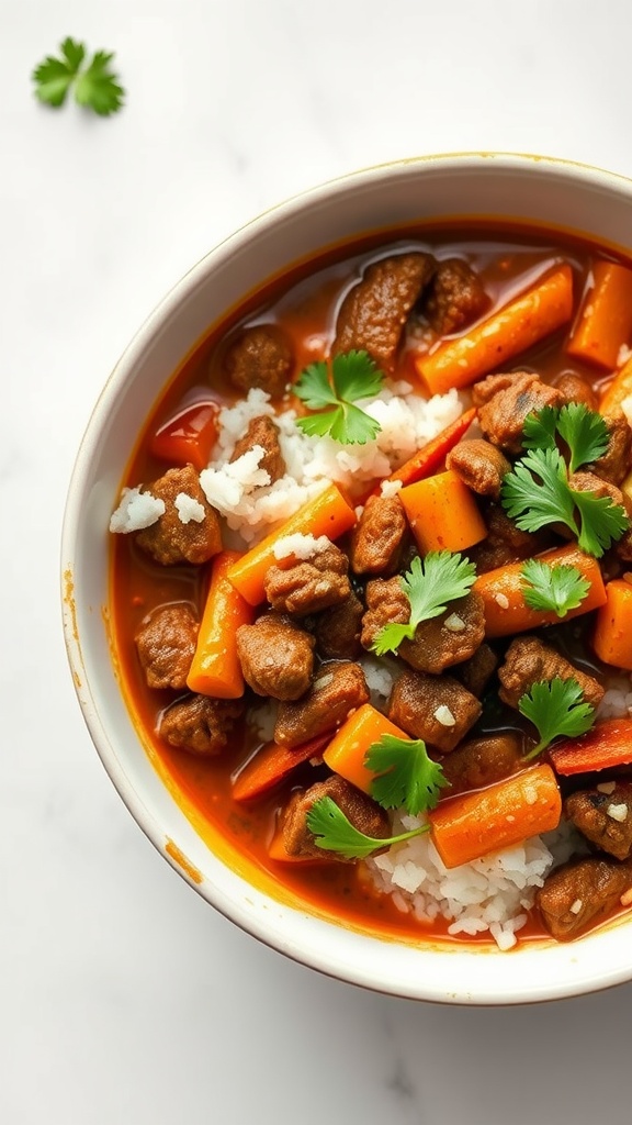 A bowl of ground beef curry served with rice and garnished with cilantro.