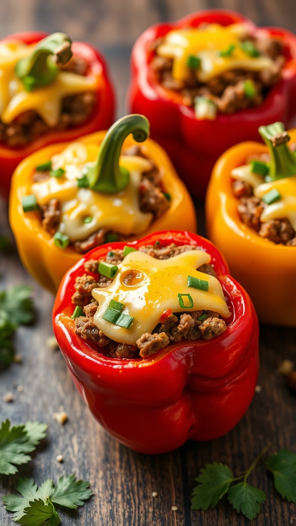 Ground beef stuffed peppers with cheese and green onions