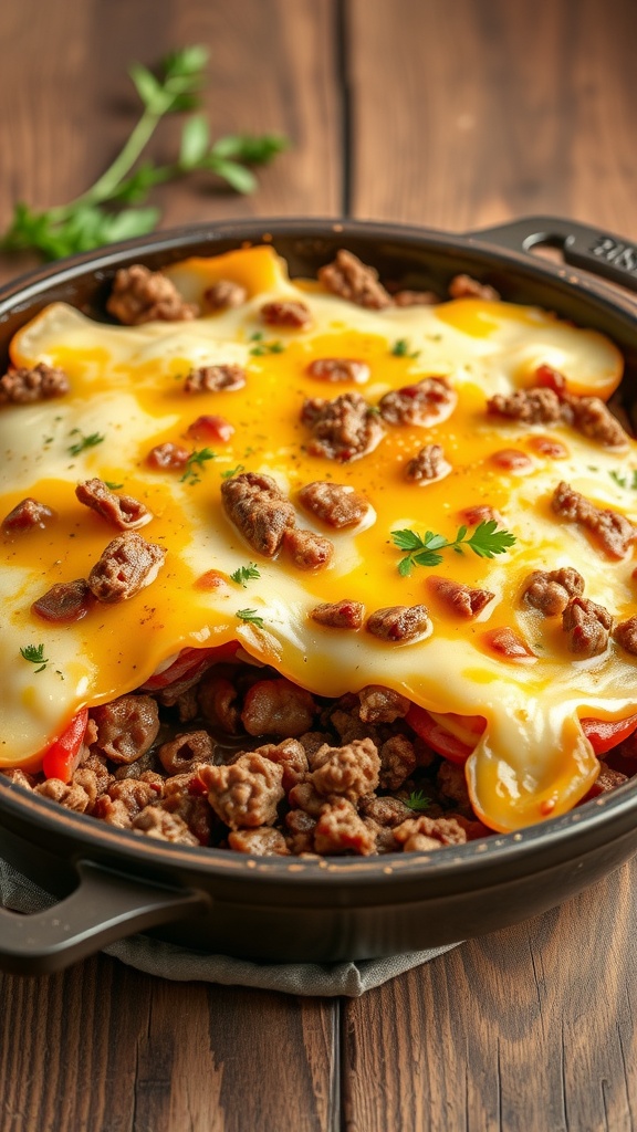 A delicious beef and potato casserole with layers of cheese and ground beef.