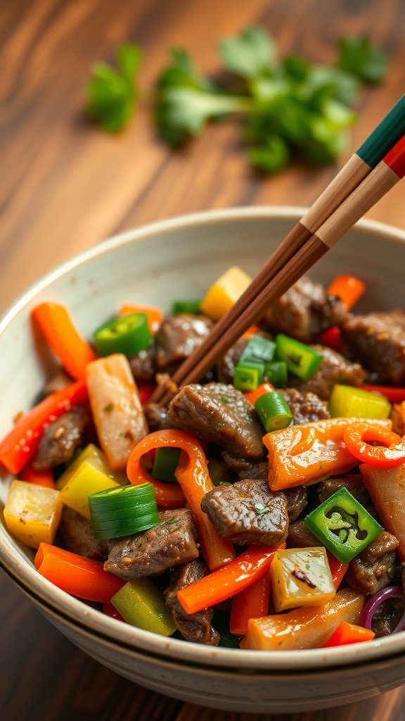 A bowl of hearty beef and vegetable stir-fry with colorful bell peppers and chopped green onions.