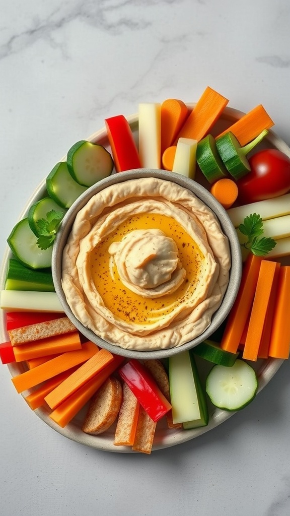 A plate of hummus served with various colorful vegetable sticks and pita bread.