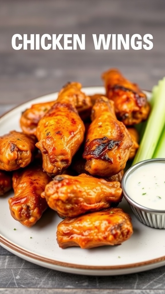 A plate of juicy air fryer chicken wings with celery sticks and dipping sauce.