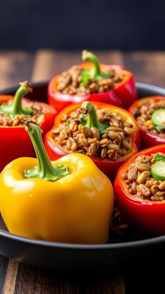 Colorful stuffed bell peppers filled with turkey and lentils