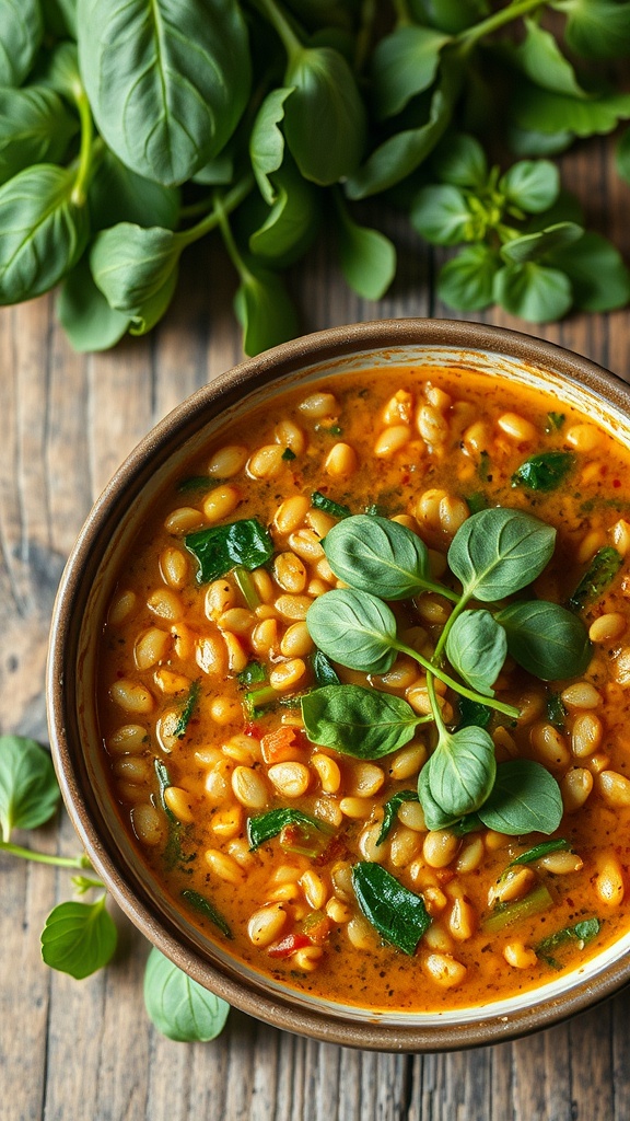A bowl of lentil soup with spinach, garnished with fresh herbs.