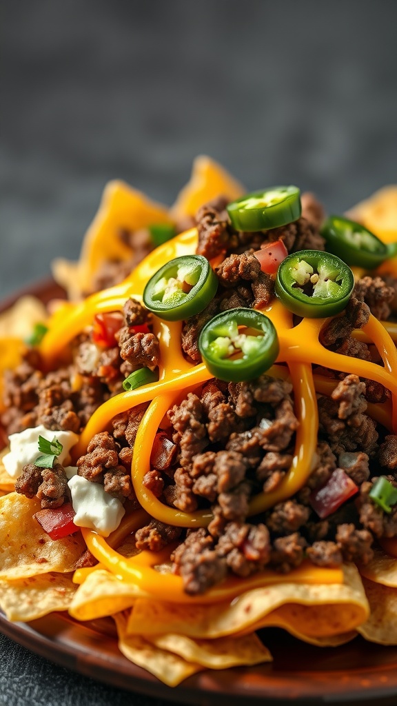 A plate of loaded beef and potato nachos topped with cheese, jalapeños, and fresh vegetables.