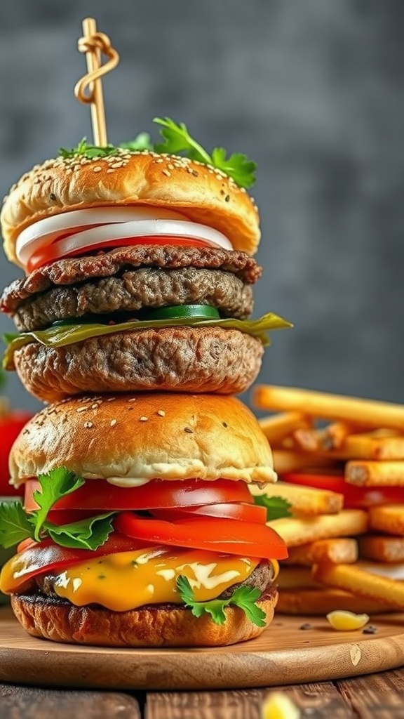Delicious beef burgers stacked with fresh toppings and served with fries.