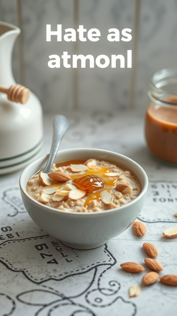 A bowl of oatmeal topped with sliced almonds and honey.