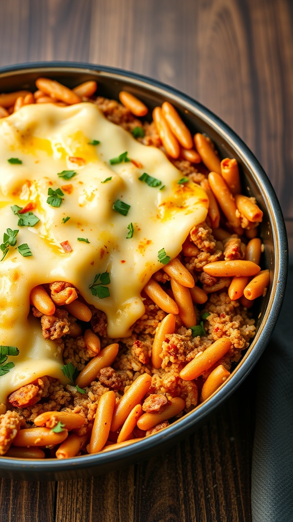 A delicious one-pan beef and rice casserole topped with melted cheese.