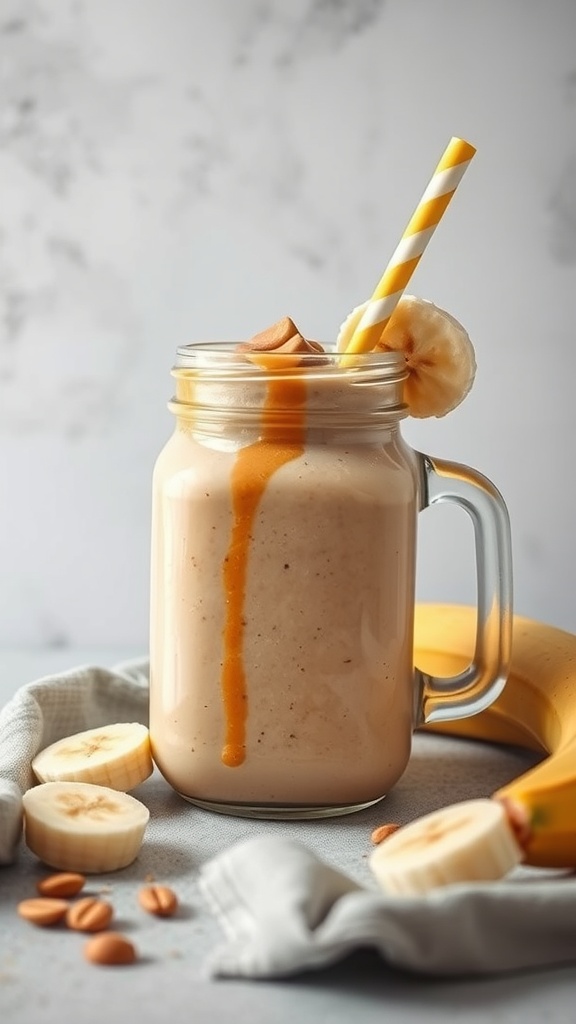 A delicious peanut butter banana smoothie in a glass jar with a yellow straw