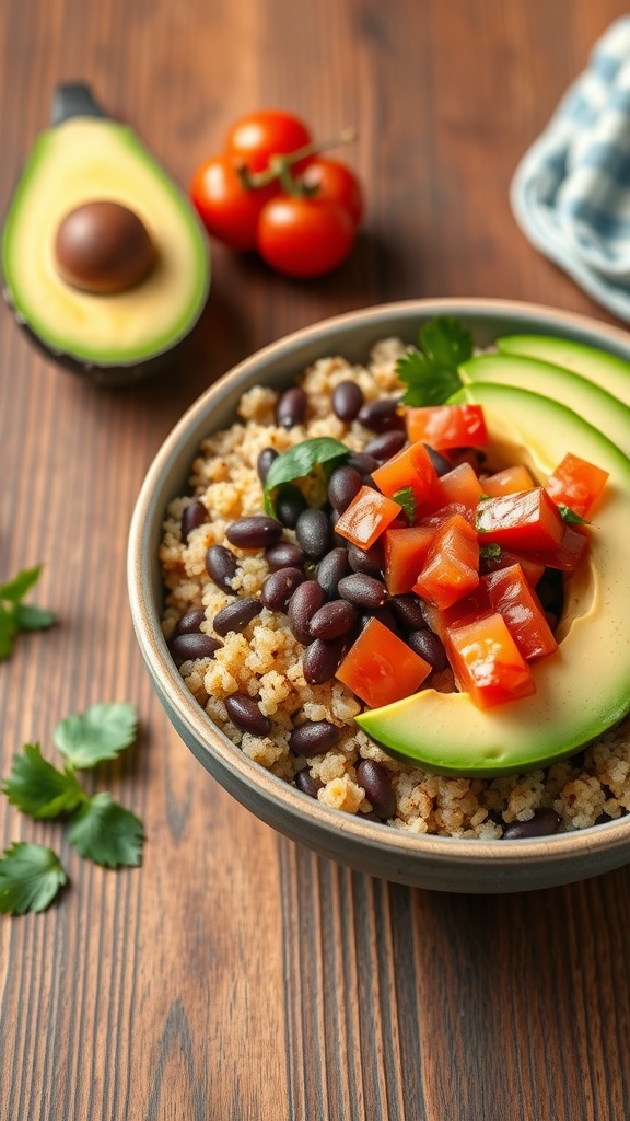A quinoa and black bean bowl topped with diced tomatoes and sliced avocado.