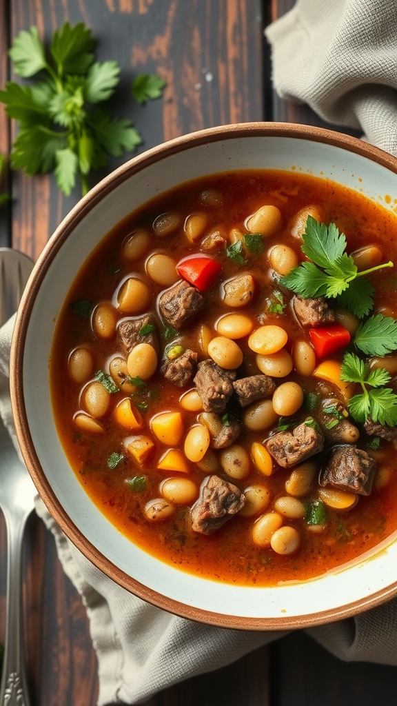A bowl of savory beef and lentil soup with fresh herbs.