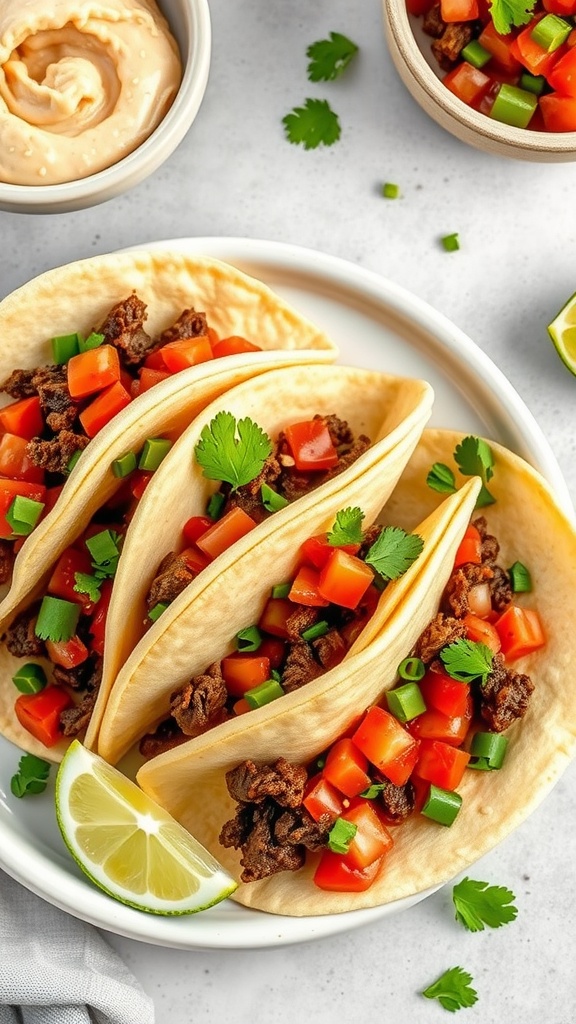 Savory beef tacos with fresh salsa and lime wedges, perfect for a casual meal.