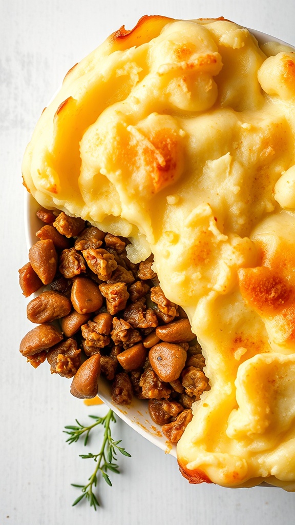 A delicious serving of Shepherd's Pie with ground beef and creamy mashed potatoes.