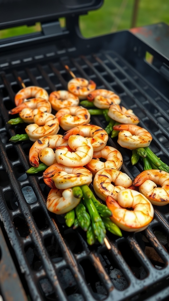Grilled shrimp and asparagus skewers on a grill