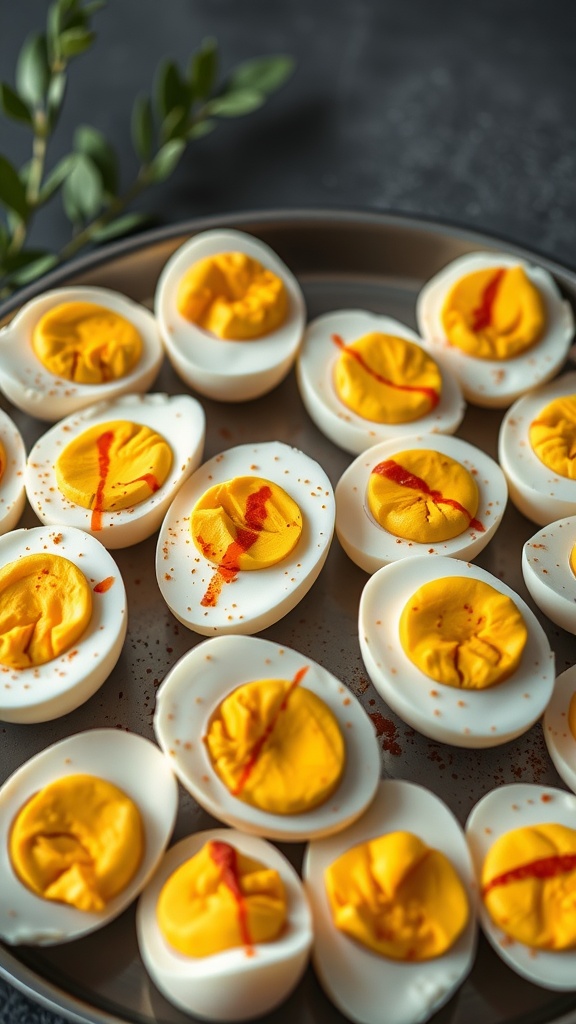 Air fryer hard boiled eggs with yellow yolks and paprika seasoning