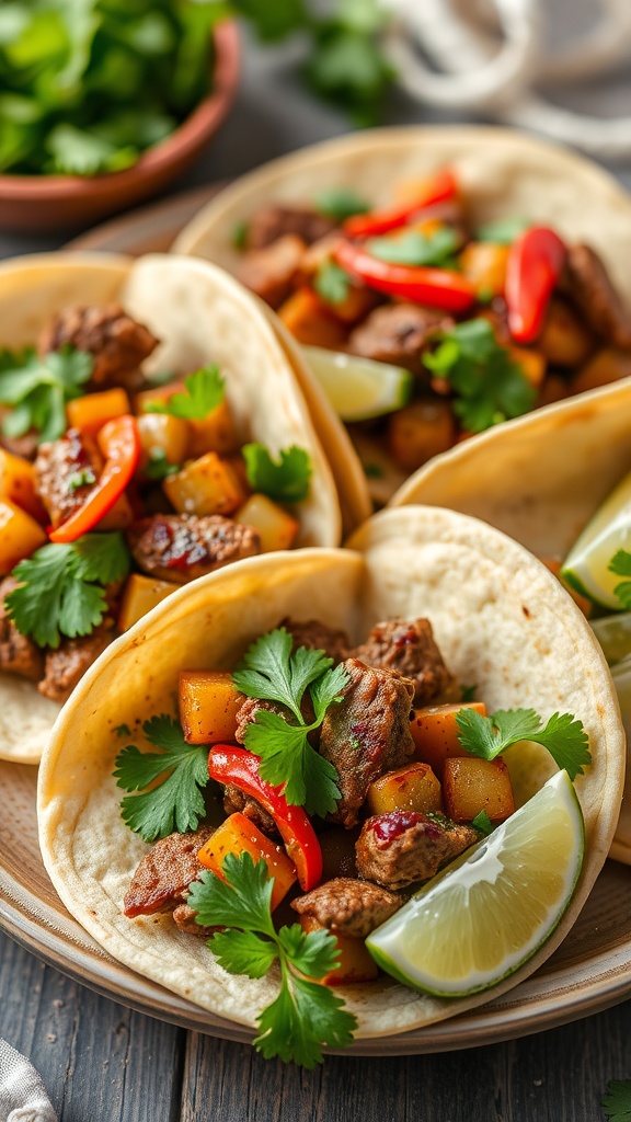 Spicy Beef and Potato Tacos on a wooden plate with lime and cilantro