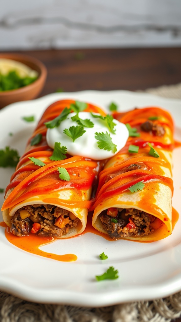 Delicious spicy beef enchiladas topped with sour cream and cilantro